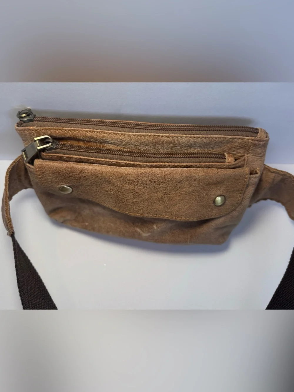 Loyofun Genuine Brown Leather Fanny Pack Waist Bag Brass Metal Buckle Vintage